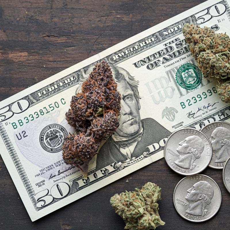 $50 Bill Saved With Orange County Weed Deals on a Wood Table With Cannabis Buds Around It