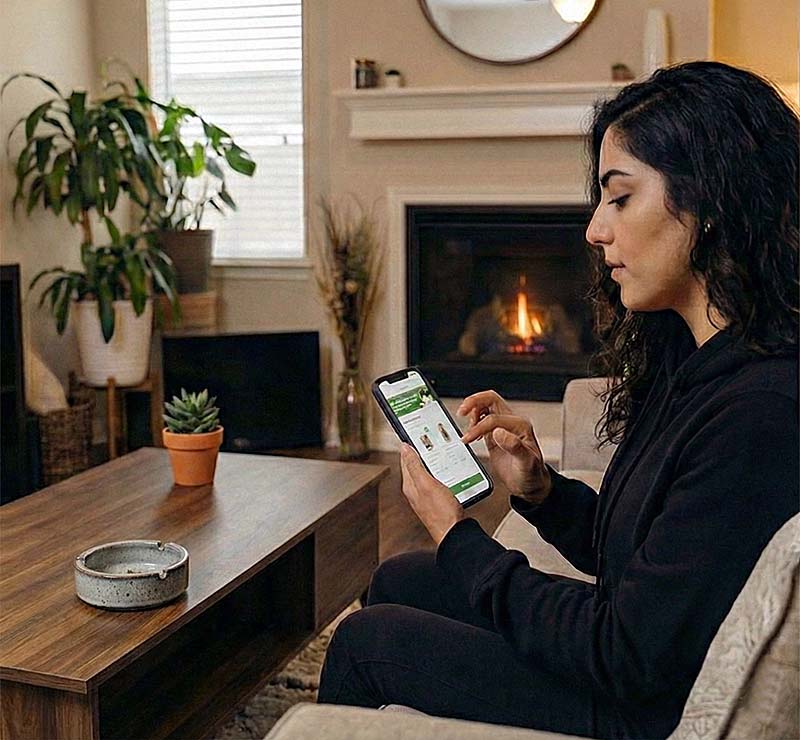 Woman Sitting on Couch at Her Orange County Home Ordering Weed Delivery Service