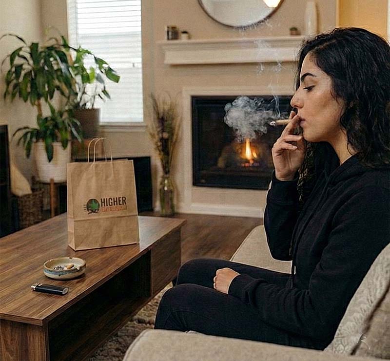 Woman Smoking an Infused Joint With Smoke Rising on Her Couch in Orange County, CA