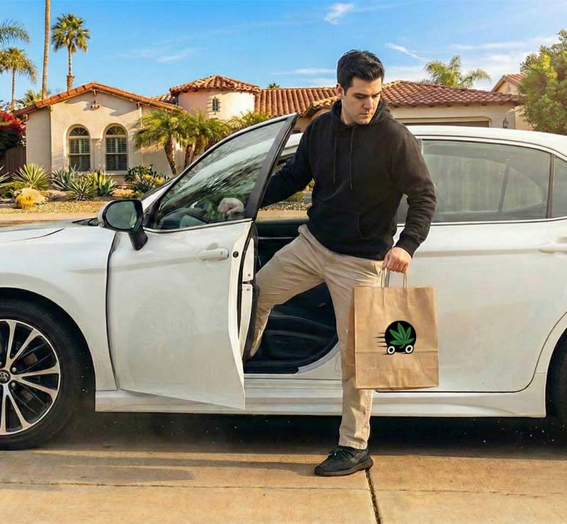 Delivery Driver Getting Out of Vehicle With a Fresh New Weed Delivery Order
