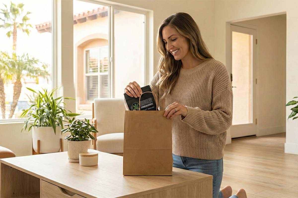 Customer Receiving Cannabis Delivery Order at Home in Orange County, Discreet Licensed Weed Delivery