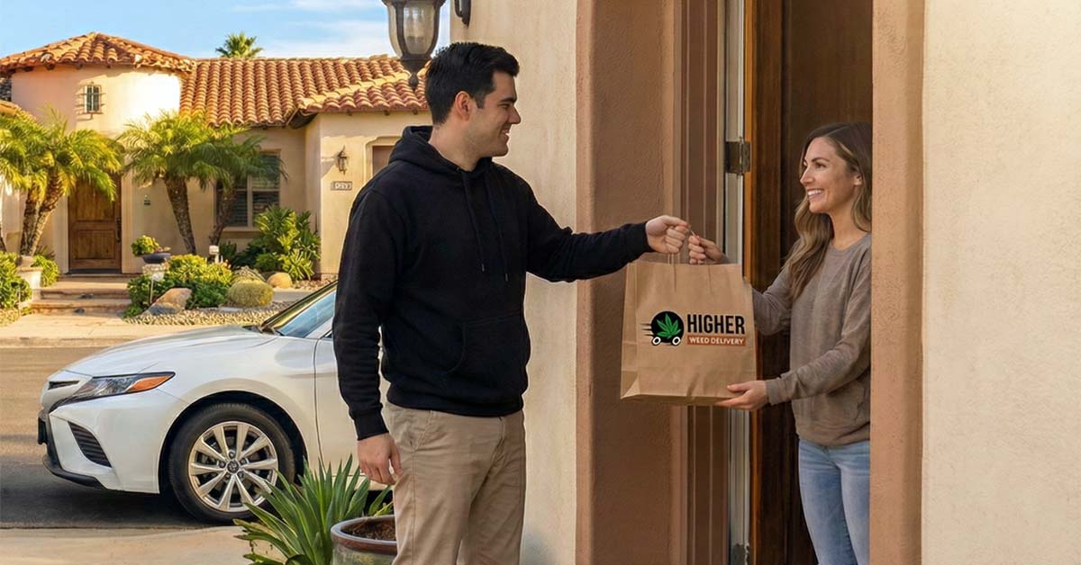 Licensed cannabis delivery driver handing order to customer at front door in Orange County