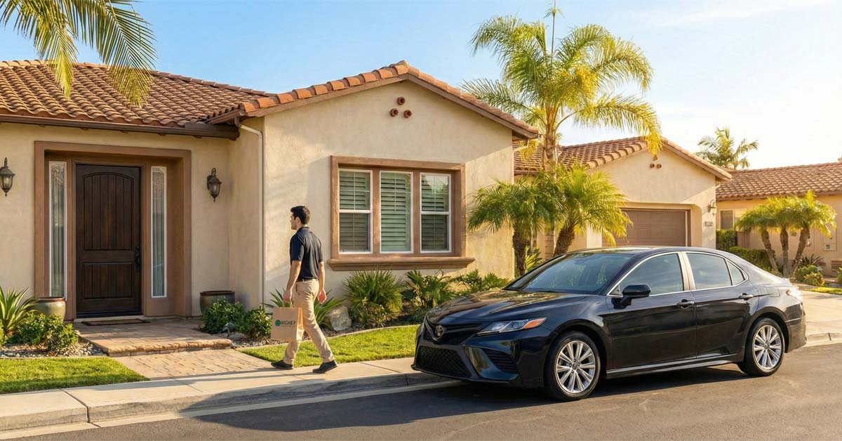 Cannabis Delivery Driver Approaching Front Door in Orange County Neighborhood, Licensed Weed Delivery Service