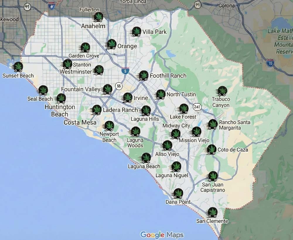 Higher Weed Delivery Orange County California Delivery Service Area Map